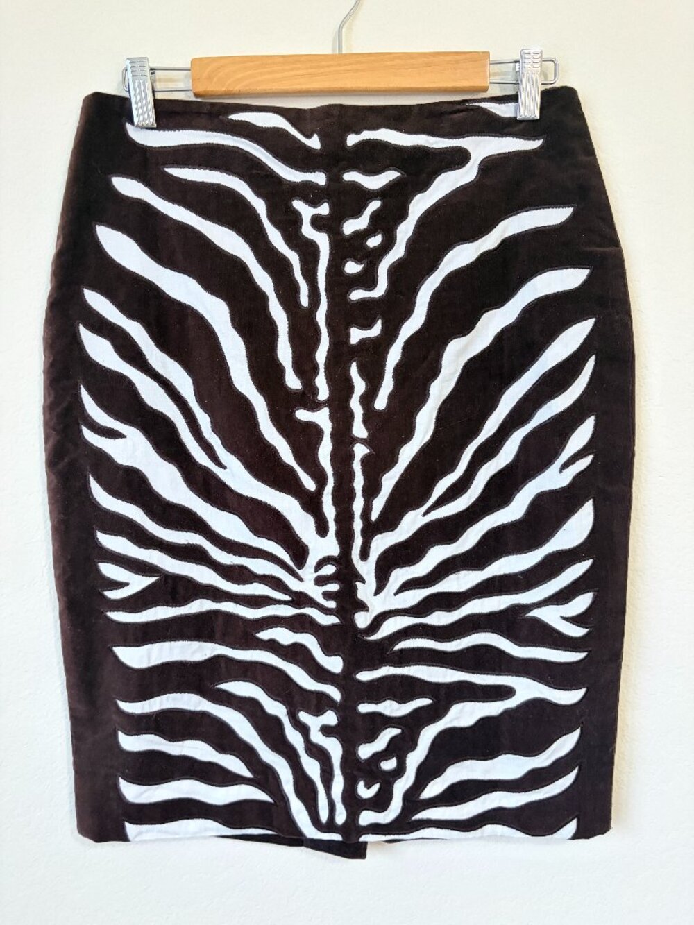 Etcetera Skirt Womens 6 Dark Brown Zebra Animal Print Velvet Pencil Career